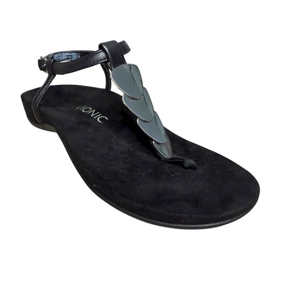 Vionic Women’s 7 Miami T-Strap Sandals Black Silver Comfort - Picture 2 of 8